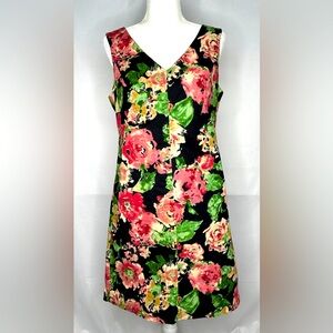 Talbots Pink Floral Sheath Dress Lined Sleeveless V Neck Stretch Cottage Sz 12p